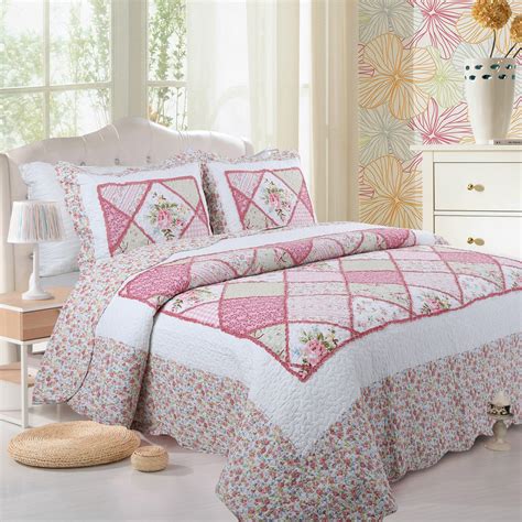 3pieces Pink Rose Patchwork Bedspread Bedcover Pillow Shams 100 Cotton