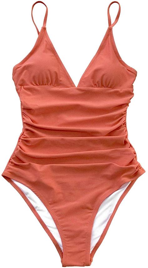 Cupshe Womens Bright Day Shirring V Neck One Piece Swimsuit Orange