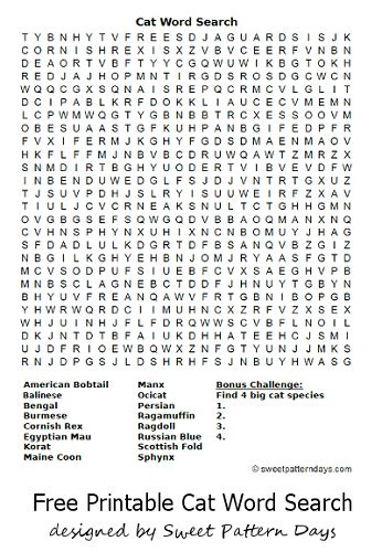 Types Of Cats Word Search
