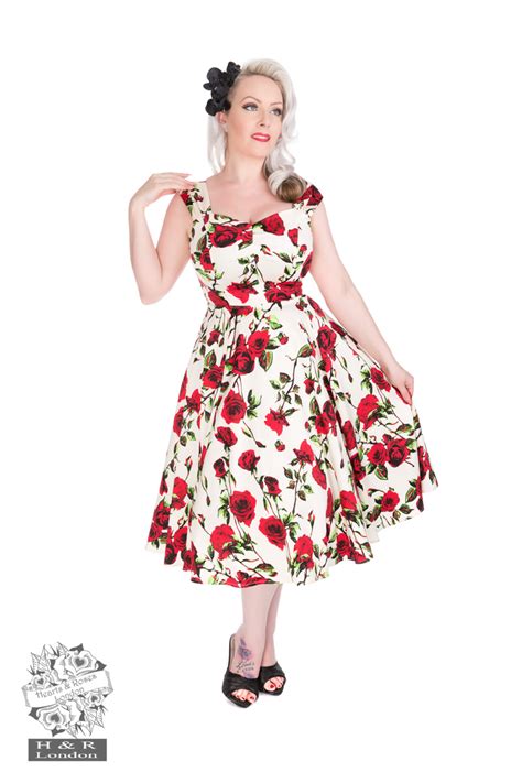 50s Ditsy Rose Floral Summer Dress In Offwhite Hearts And Roses London