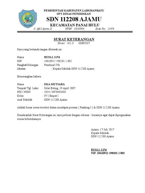 Contoh Surat Keterangan Aktif Siswa