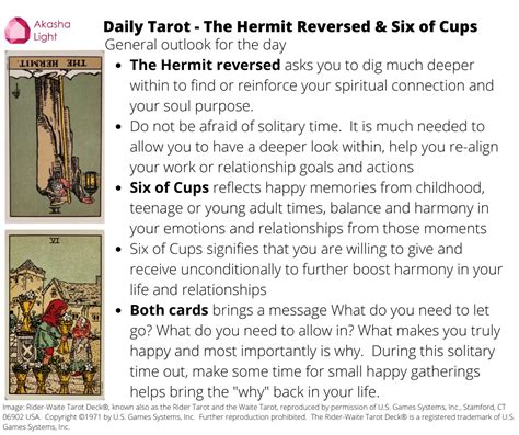 Generally, a hermit is a person who lives in solitude or isolation from society, usually for some religious reasons. Daily Tarot - The Hermit Reversed and Six of Cups