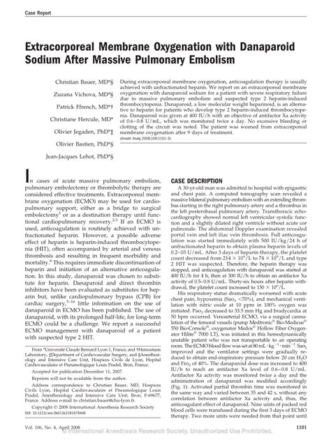 pdf extracorporeal membrane oxygenation with danaparoid sodium after massive pulmonary embolism