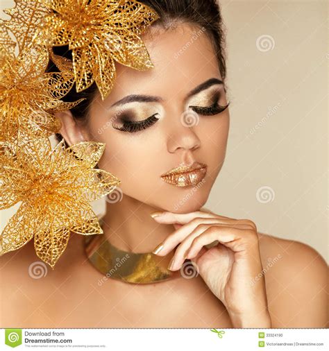 Eye Makeup Beautiful Girl With Golden Flowers Beauty