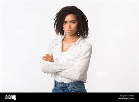 Body Language Concept Portrait Of Upset Black Woman Standing With
