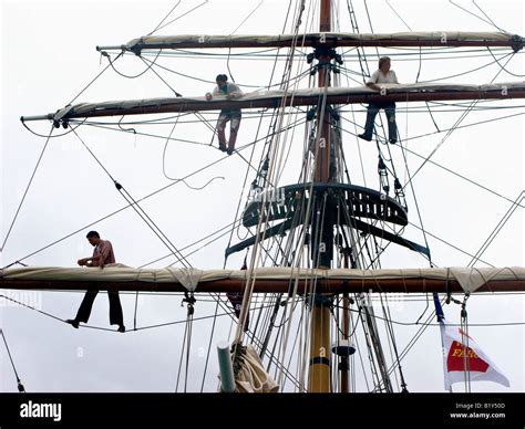 Rigging Sails On A Tall Ship Stock Photo Alamy