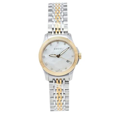 Gucci Mother Of Pearl Two Tone Stainless Steel Diamond G Timeless