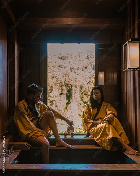 Japanese Onsen Spa Couple Men And Woman Drinking Thee Onsen Spa Japanese Onsen Bath In