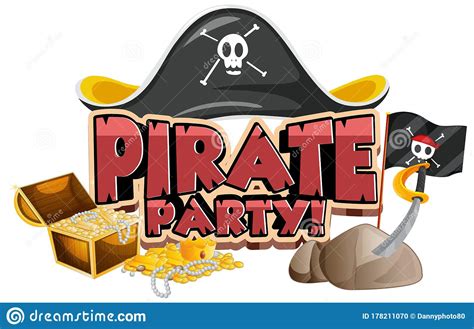 Font Design For Word Pirate Party With Hat And Gold Stock