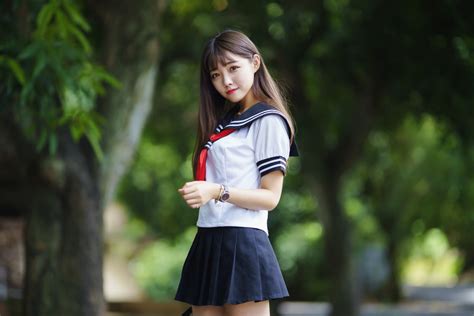 Wallpaper Model Asian Sailor Uniform Schoolgirl Skirt Brunette