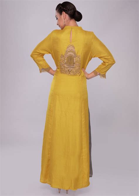 Tuscan Yellow Tunic Dress With Embroidered Neck And Placket Online