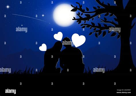 A Couple Man And Woman Sitting Under Tree With Moon On Sky At Night