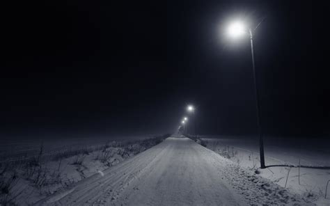 Empty Snowy Road At Night Wallpaper Nature And Landscape Wallpaper
