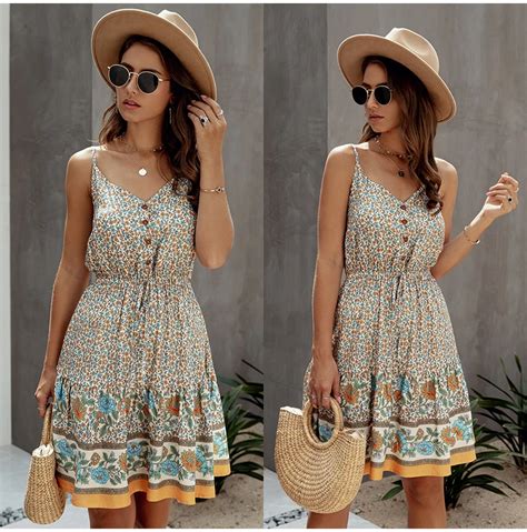 Summer Women Print V Neck Dress Buttons Cotton Mini Sundress Fashion
