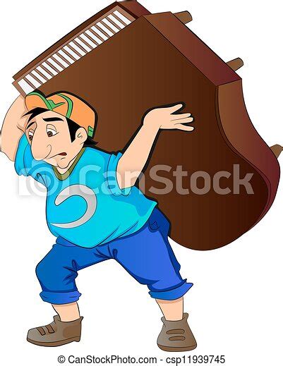 Hombre levantando un piano, ilustración vectora. | CanStock