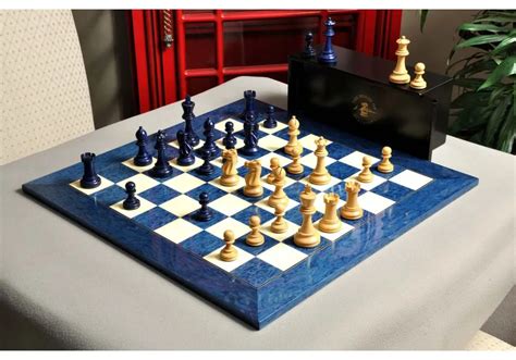 The Grandmaster Chess Set And Board Combination Blue Gilded