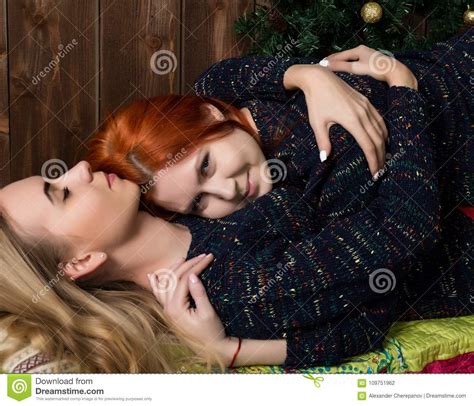 Pretty Lesbians Kissing Gently First Love Affectionate Attitude To