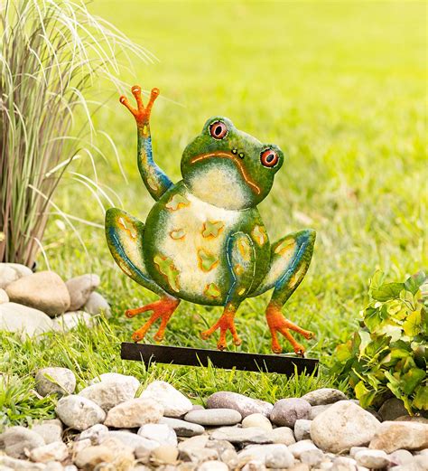Handcrafted Metal Grumpy Frog Garden Stake Wind And Weather