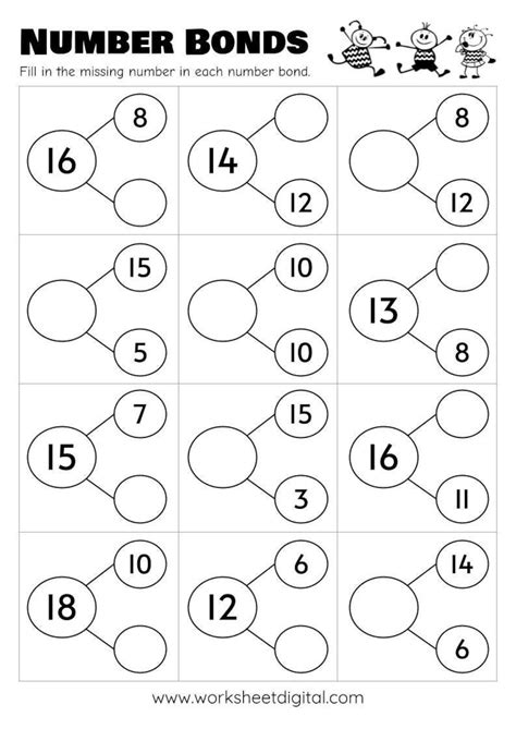 10 Printable Number Bonds Math Worksheets Numbers 1 To 20