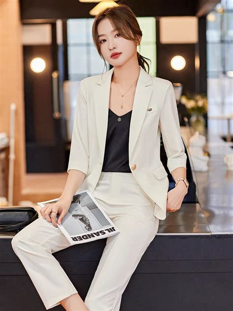 Oem Half Sleeve Business Suits Women 2 Piece Set Solid Pattern Ivory