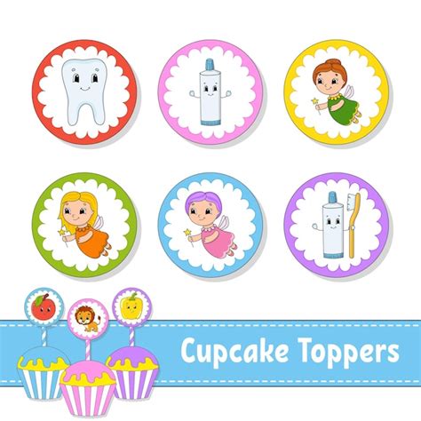 Cupcake Toppers Set Van Zes Ronde Afbeeldingen Stripfiguren Leuke Afbeelding Premium Vector