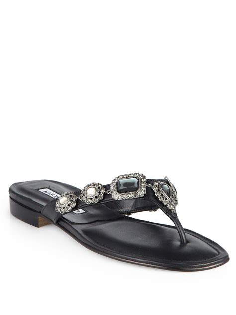 Manolo Blahnik Cesabi Jeweled Leather Thong Sandals In Black Lyst