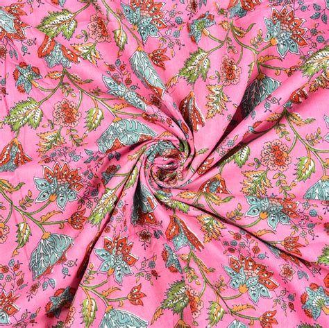 Buy Pink Green And Red Floral Block Print Cotton Fabric For Best Price