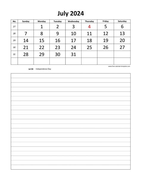 Printable 2024 July Calendar Grid Lines For Daily Notes Vertical