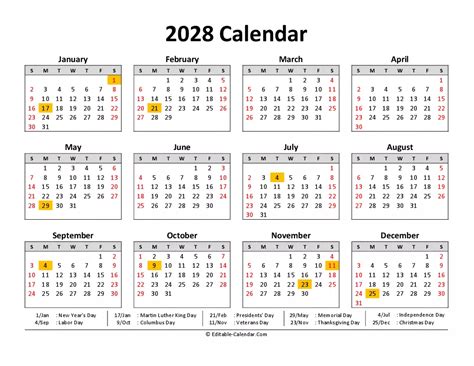 Download 2028 Calendar Printable With Us Holidays Weeks Start On Sunday