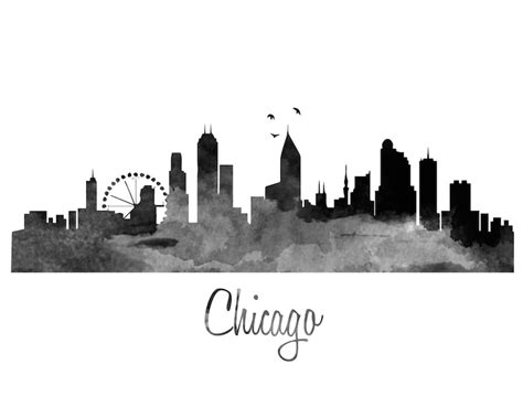 Chicago Skyline Watercolor Art Print Color And Bw Etsy