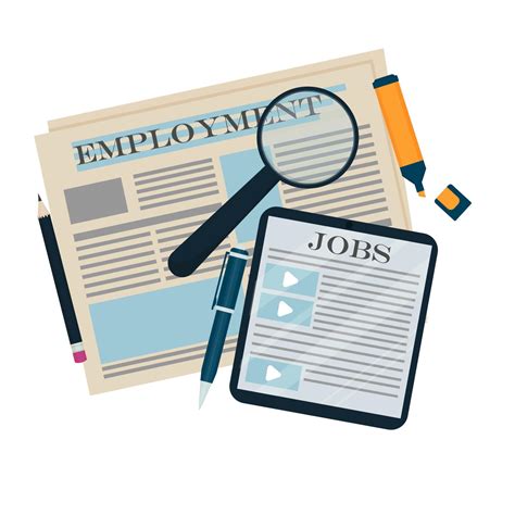 Newspaper, magnifier and tablet with text employment and Jobs, career