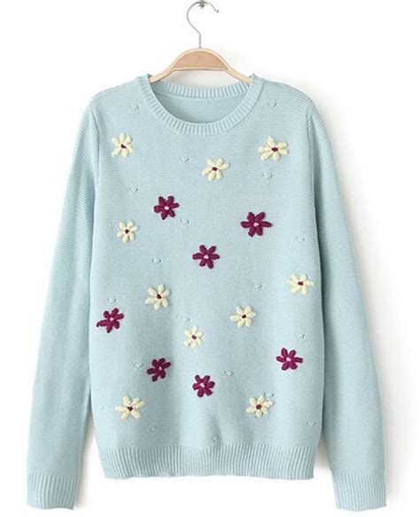 Sweet Flowers Embroidered Pullover Sweater Knit Fashion Sweaters For