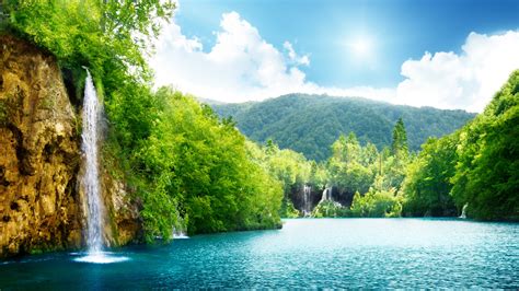 Download 1920x1080 Hd Wallpaper Waterfall Lake Forest Mountain Desktop