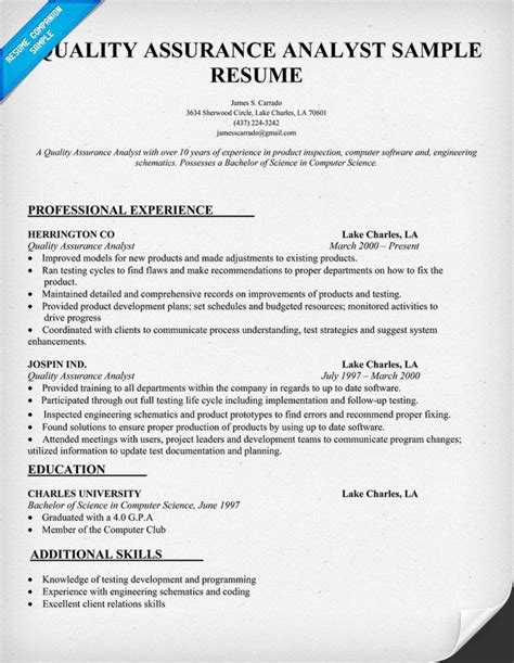 Visually inspect finished products for imperfections or other problems. Quality Assurance Analyst Resume Sample (resumecompanion ...