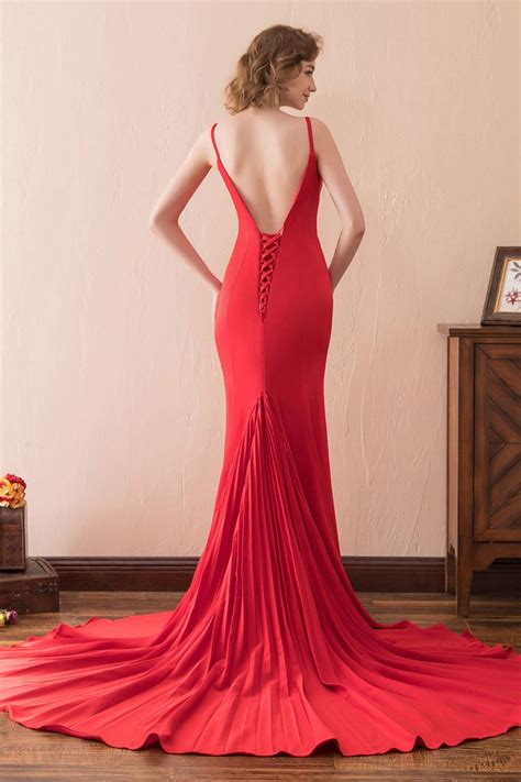 12900 Simple Long Red Trumpet Semi Formal Dress Fitted With Train