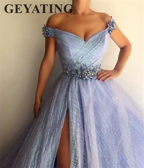 glitter blue off the shoulder prom dresses women elegant formal dress crystal beaded side split