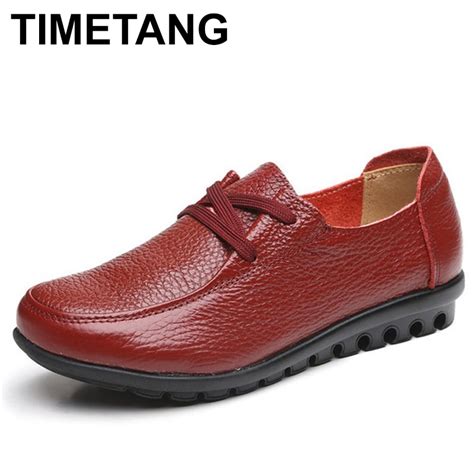 Timetang Women Genuine Leather Shoes Moccasins Mother Loafers Soft