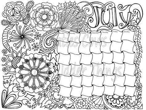 July Doodled Calendar Coloring Page