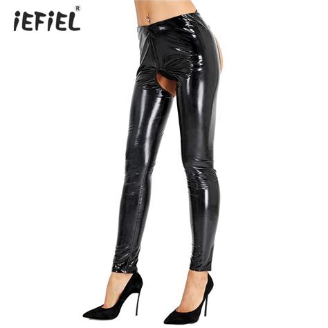 women erotic crotchless latex leggings pants lingerie patent leather open crotch latex pants