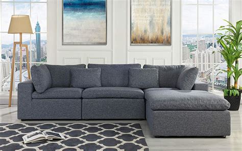 Classic Large Dark Grey Sectional Sofa L Shape Fabric Couch With Wide
