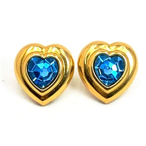 Avon Earrings BIRTHSTONE HEART 1989 Aquamarine Blue Rhinestone