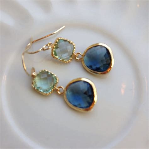 Sapphire Navy Earrings Prasiolite Glass Gold Plated Etsy