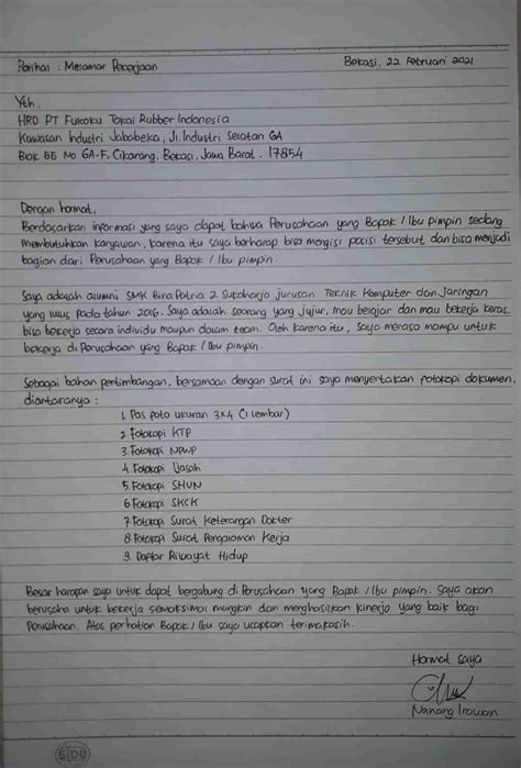 Selain itu, saya juga memiliki kondisi kesehatan yang baik, dan tidak pernah terlibat dalam. Contoh Surat Lamaran Kerja tulis tangan Pabrik yang Benar ...