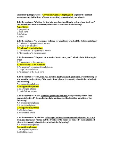 Let's once again look at groups of prepositional phrases. Grammar Quiz Phrases - Correct Answers Are Highlighted ...