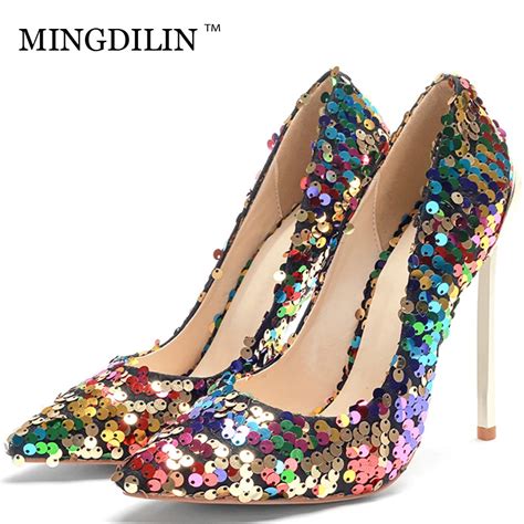 mingdilin women s high heels shoes sexy bling plus size 33 43 woman heel prom shoes pointed toe