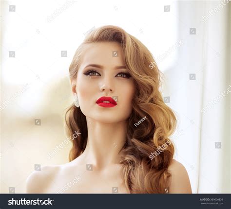Beautiful Fashion Model Woman With Hair Red Lipstick Portrait Of Glamour Girl With Bright
