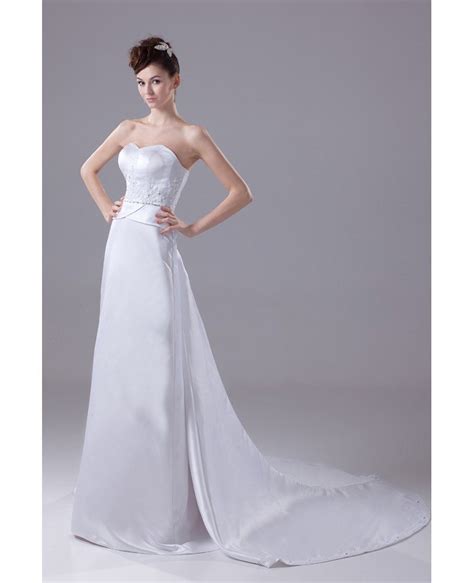 Beaded Sweetheart A Line White Satin Wedding Dress With Train Op4398