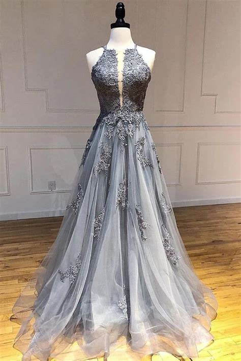 Grey Tulle A Line Spaghetti Straps Long Prom Dresses With Lace Appliqu