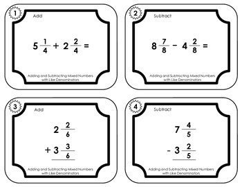 Printable worksheets on adding fractions. Fraction Task Cards - Add and Subtract Mixed Numbers with ...