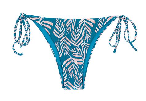 Blue Side Tie Brazilian Bikini Bottom With Leaf Pattern Bottom Palms